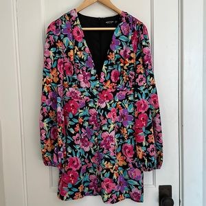 Floral Long Sleeve Deep V Neck Mini Dress